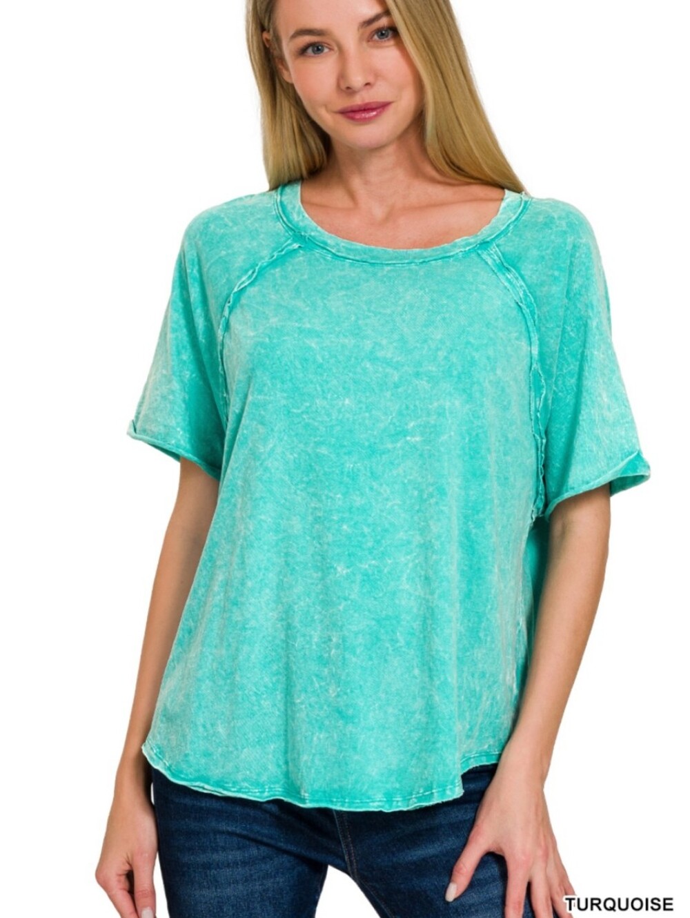 New Zenana Turquoise Acid Washed Raglan Top